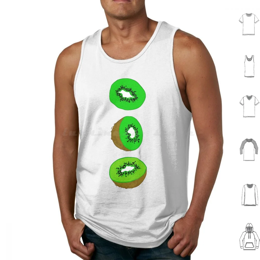Camisetas sin mangas de kiwis, chaleco sin mangas con patrón de comida de kiwi, trópicos de plantas, flora, árbol exótico, isla suave, sol dulce del sur, verano