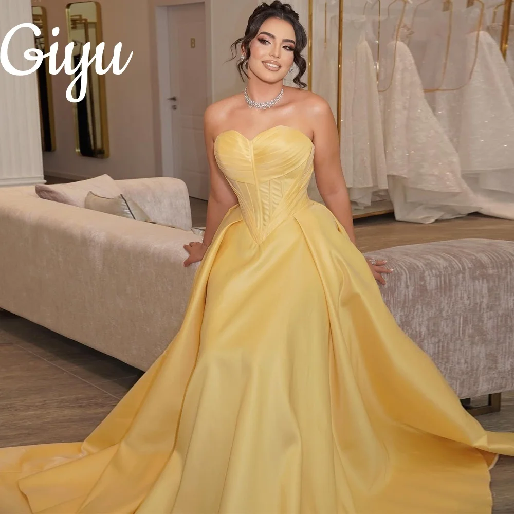 

Giyu Elegant Yellow Sweetheart Formal Party Gown Satin A-line Pleat فساتين سهرة Customized Floor-Length Evening Gown