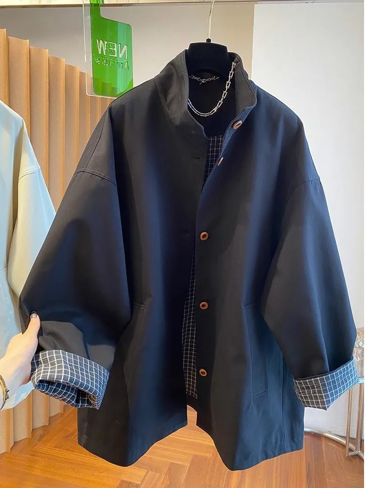 Spring Autumn Plus Size Loose Collar Plaid Jacket Coat Women New Temperament Fashion Joker Contrast Windbreaker Ladies Jackets