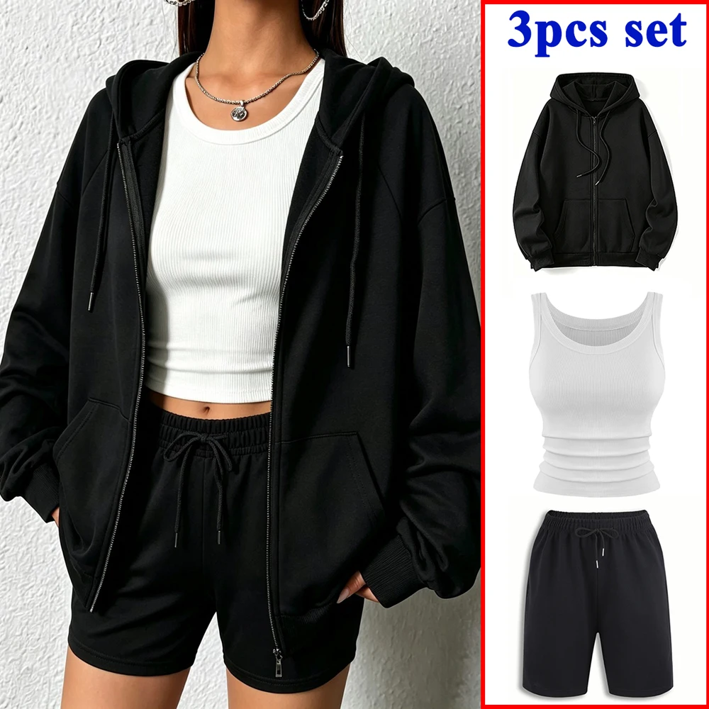 3Pcs Solid Tracksuit Set Womens Oversized Shorts Zipper Hoodies Slim Tank Tops Fashion Comfortable Warm Coats Jogging Streetwear