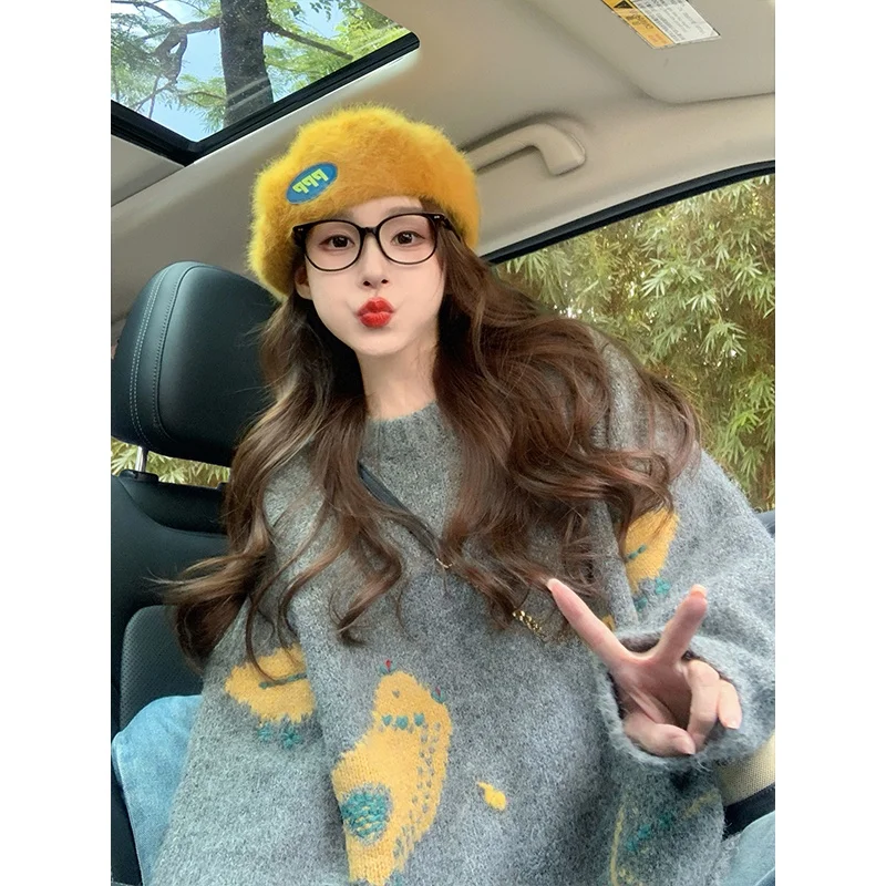 

ay Cartoon Oversized Thiened Lazy Sle Retro Loose Women's Knitted Sweater Autumn Winter New Arrival Versatile Comfortable
