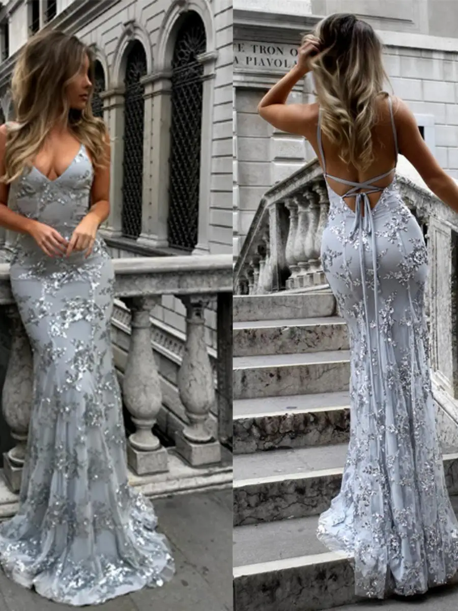 여름 신상 반짝이 백리스 드레스, 홀터넥 스트랩 프린세스 스타일 미디 스커트, 여성용 밝은 스팽글 디테일