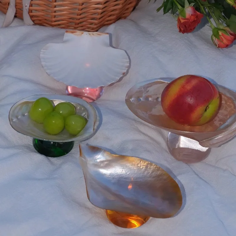 Creative Natural Shell Tray with Colorful Glass Base Jewelry Tray Dessert Fruit Plate Exquisite Shell Snack Dish Home Decoration