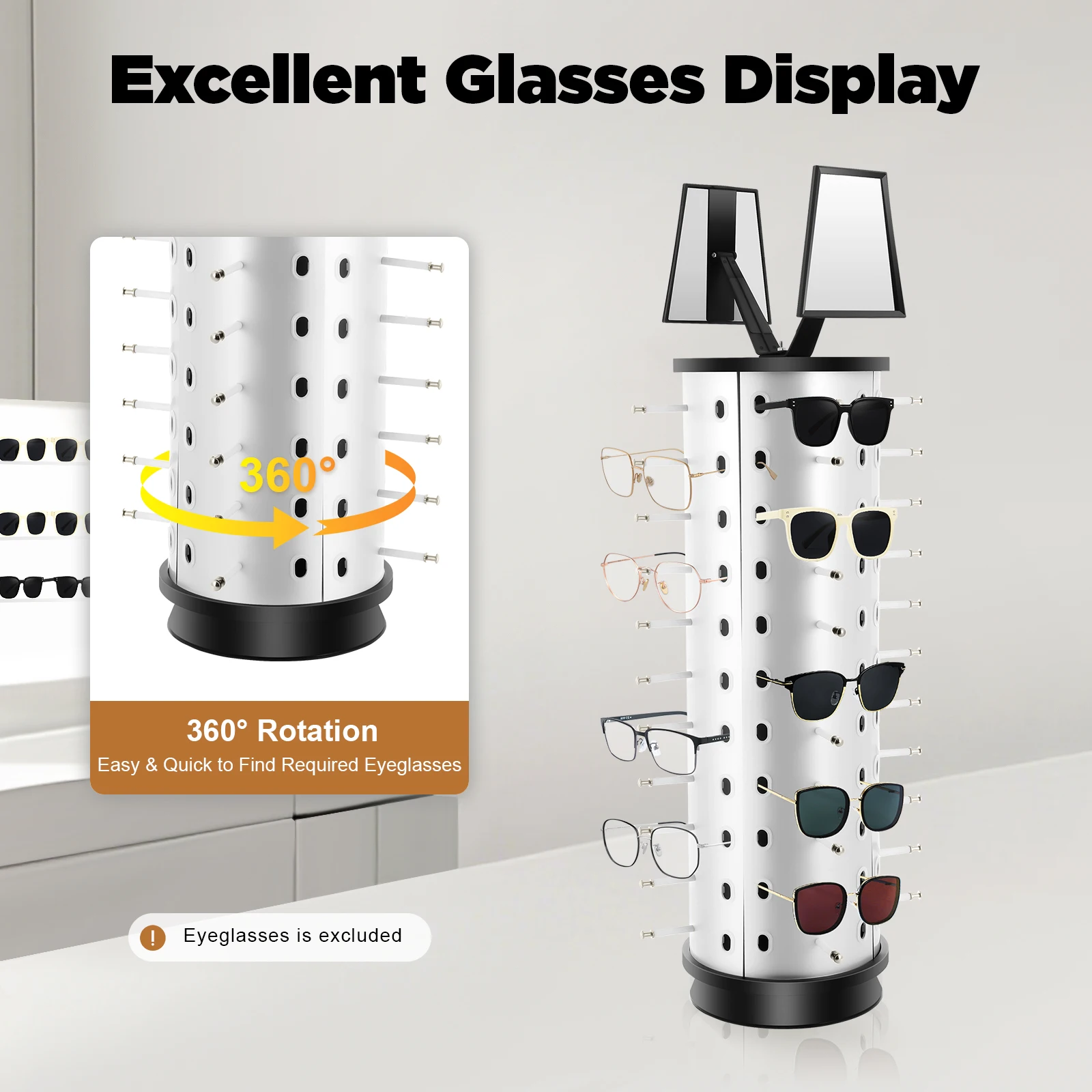 360° Rotating Eyeglasses Display Stand for 44 Glasses, Aluminum- Plastic Panel Optical Store Rack with Mirrors for Display