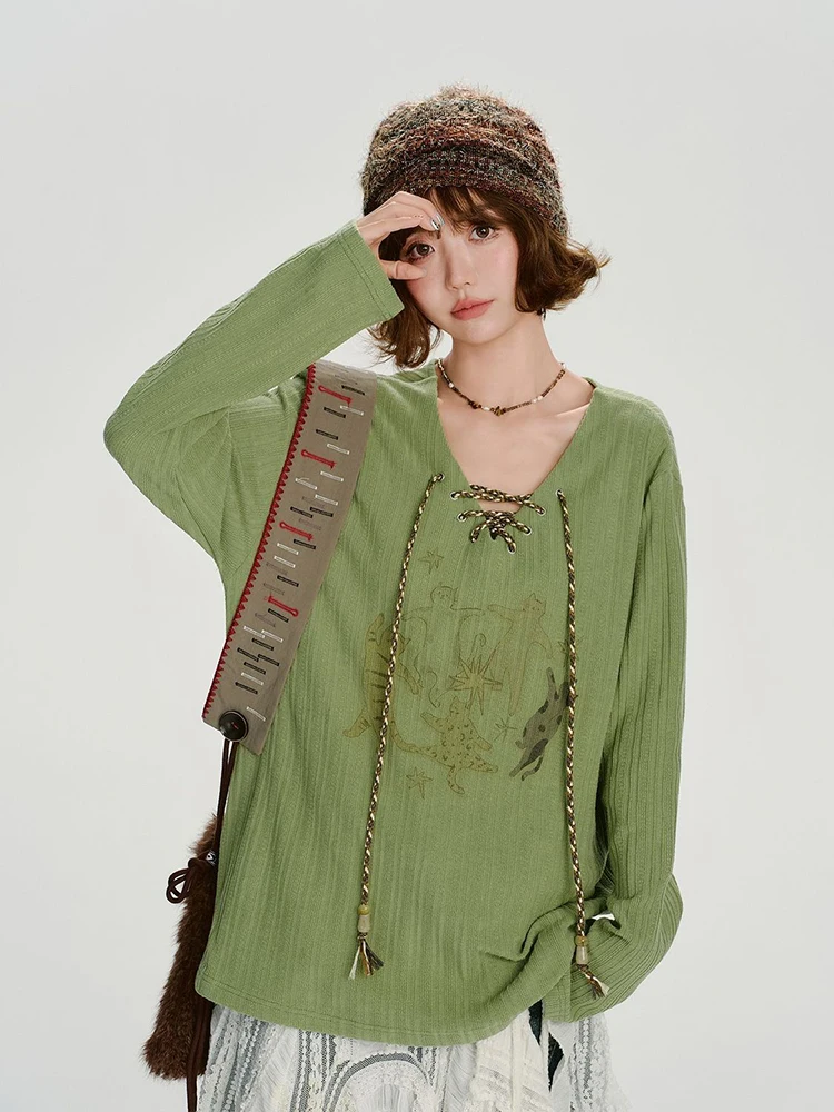 Harajuku Bandage T Shirt Women Vintage Streetwear Cartoon Print V Neck Tees Spring Long Sleeve Loose Casual Green Retro Tops New