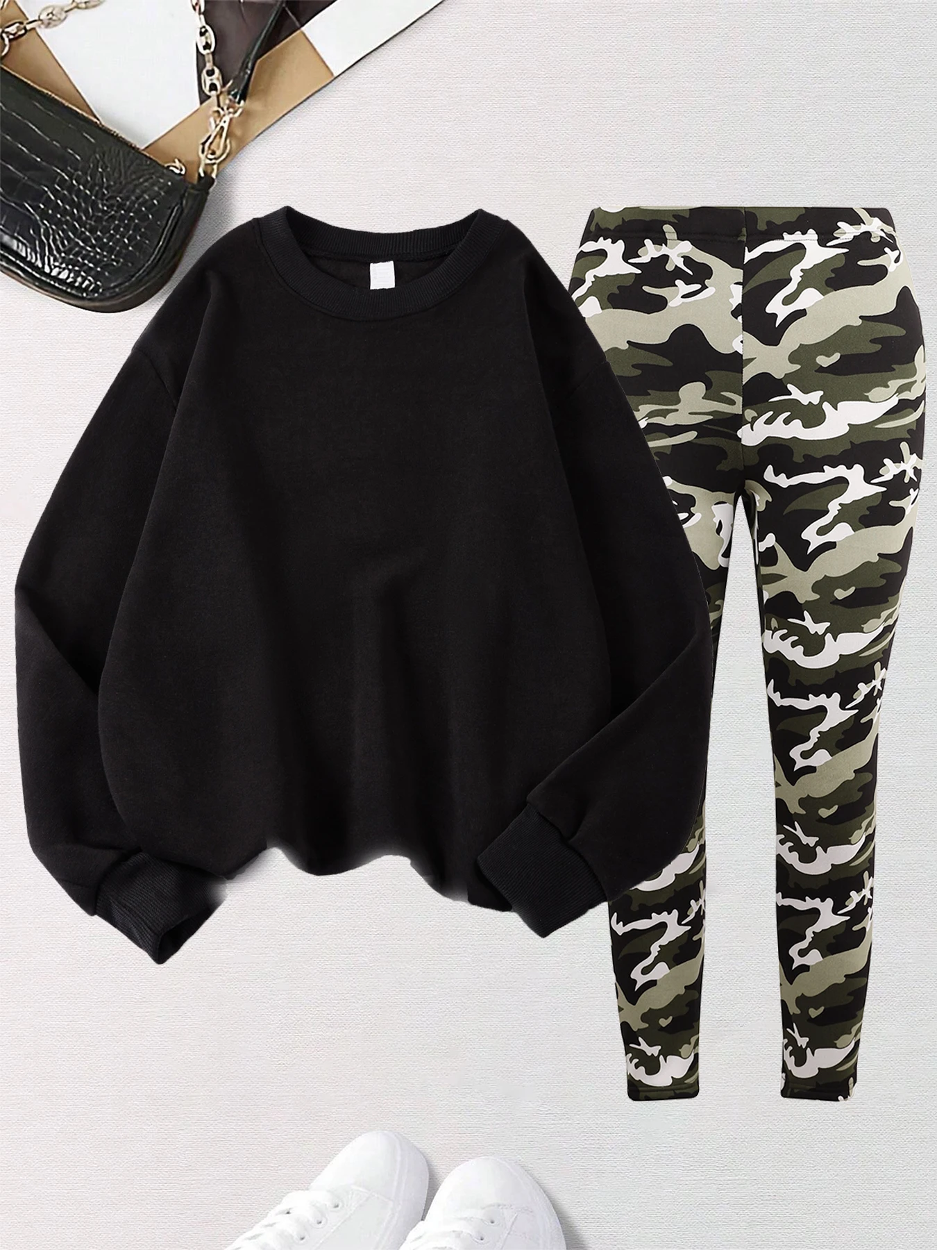 

Сплошной цвет, женские камуфляжные утепленные леггинсы из 2 предметов, осенний пуловер Y2K, флисовые толстовки с круглым вырезом, свободная спортивная одежда