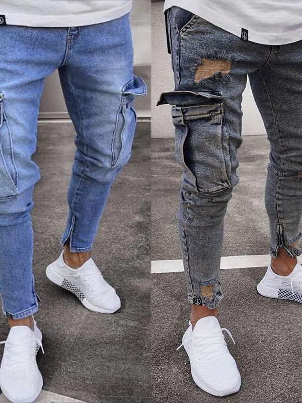 

Модные мужские эластичные джинсы с прорезями на коленях, на молнии, облегающие, длинные брюки, стильные спортивные, со средней посадкой, с низкой талией, для трансграничной торговли, хит продаж