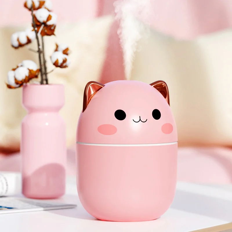 Humidificateur d'air ultrasonique en forme de chat mignon, diffuseur d'huile essentielle, pour la maison, la chambre à coucher, la voiture, avec veilleuse colorée, arôme, 250ml