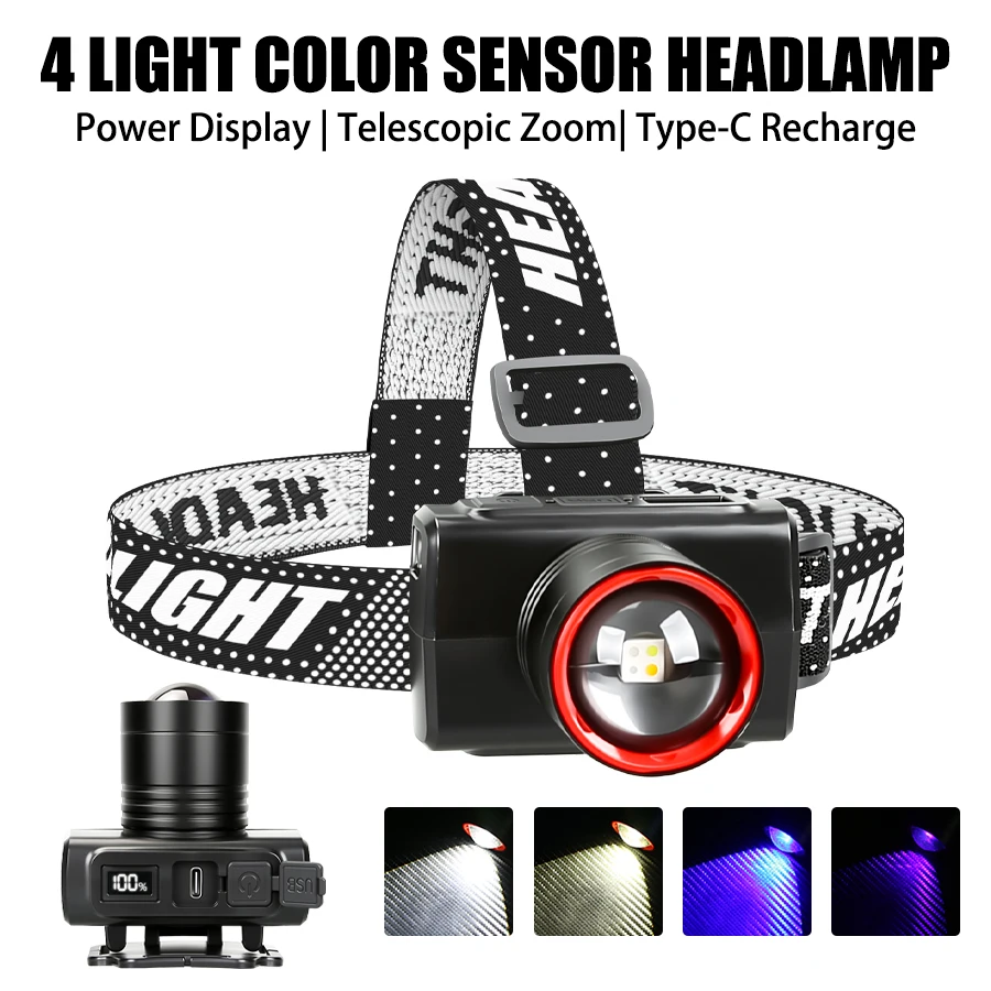 

Rechargeable Induction Headlamp Motion Sensor LED Zoom Waterproof Headlight 4 Light Color UV Head Torch Camping Scorpion Dector