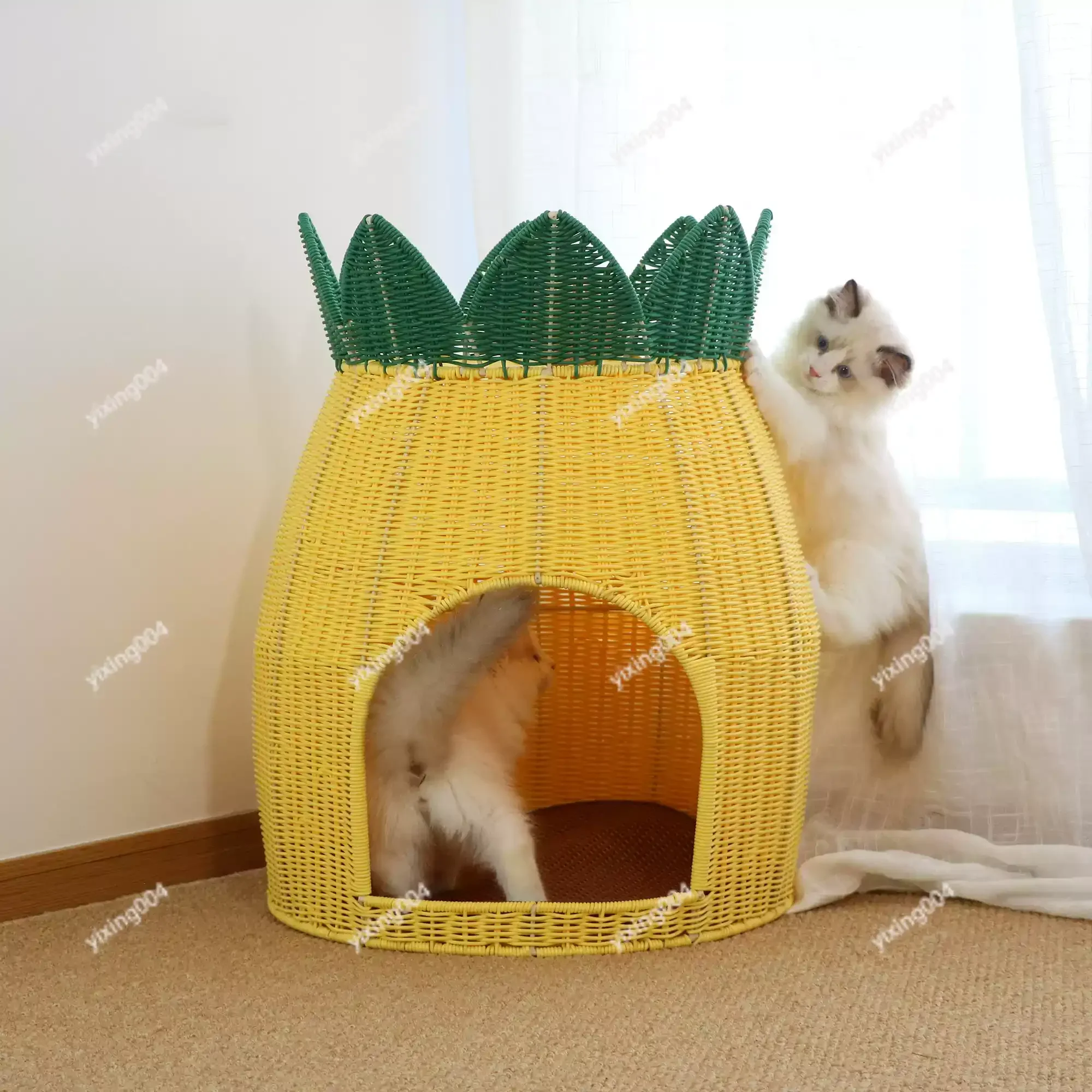 Rattan Cat Nest Four Seasons Universal Semi Enclosed Double Layer Pineapple Style Pet House