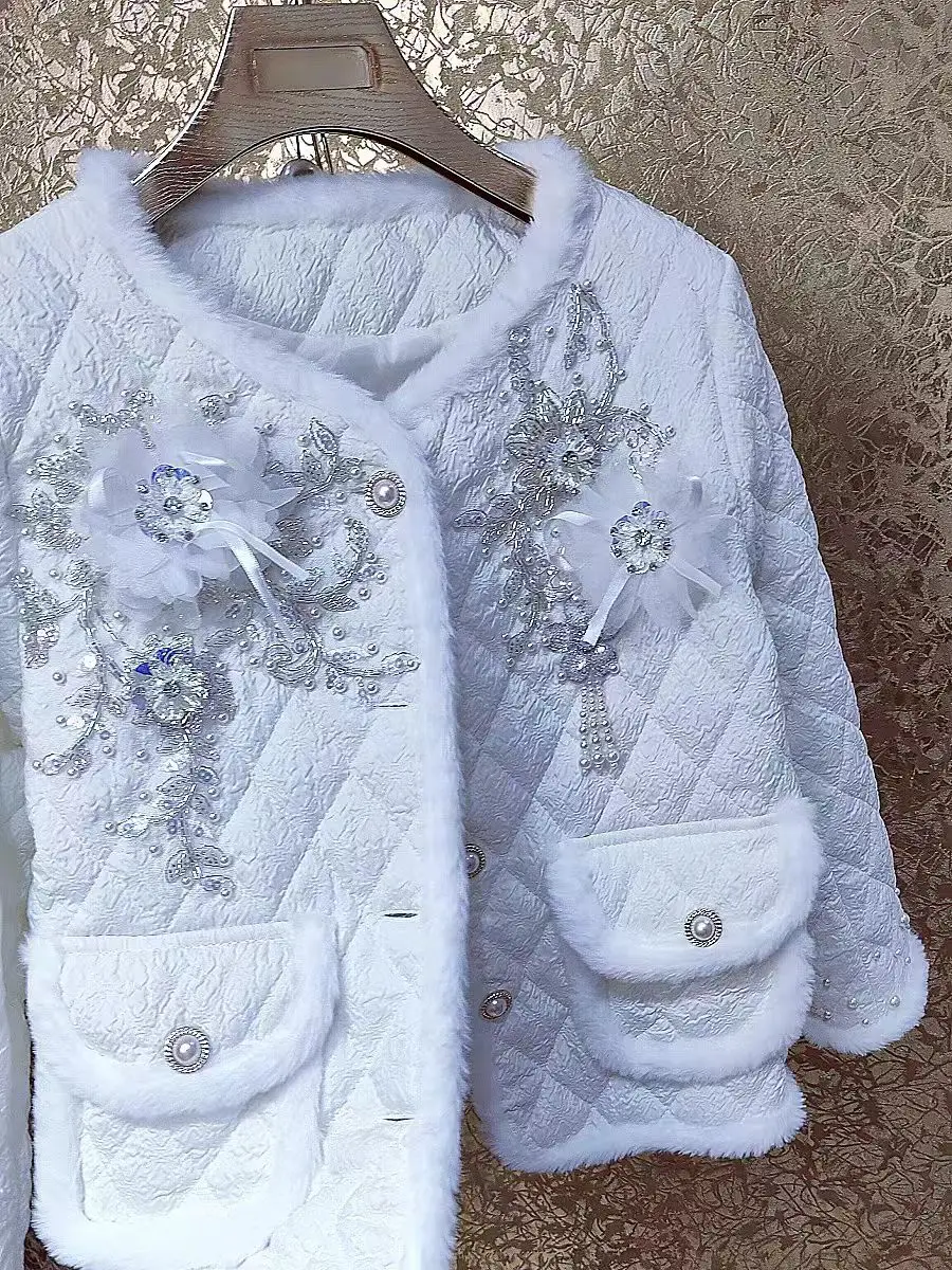 New In Sequins Embroidery Pearls Beaded Women\'s Padded Jacket Autumn Winter Off White Outerwears Parkas Coat Woman Clothes