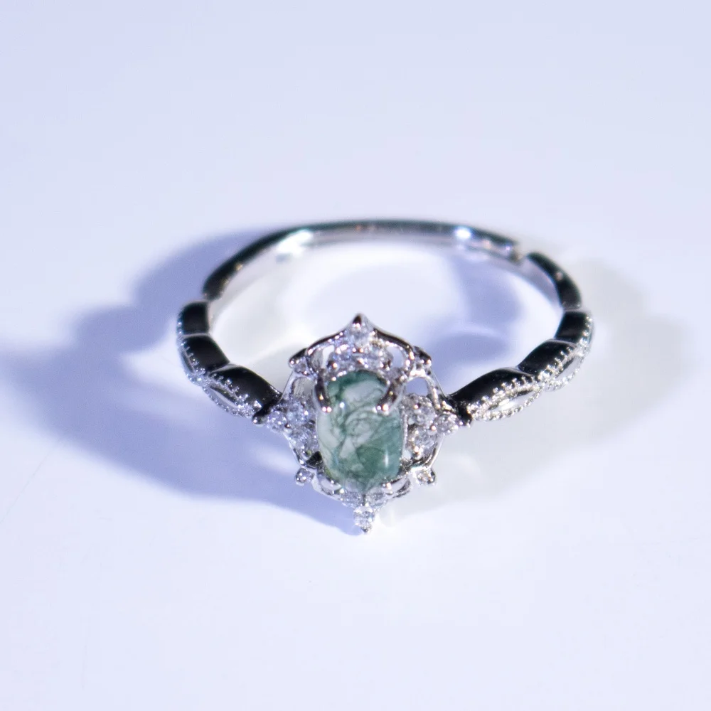 

Light Luxury Green Moss Ring Fashion 925 Silver Moss Agate Engagement Ring Adjustable Green Woman 925 Silver Rings