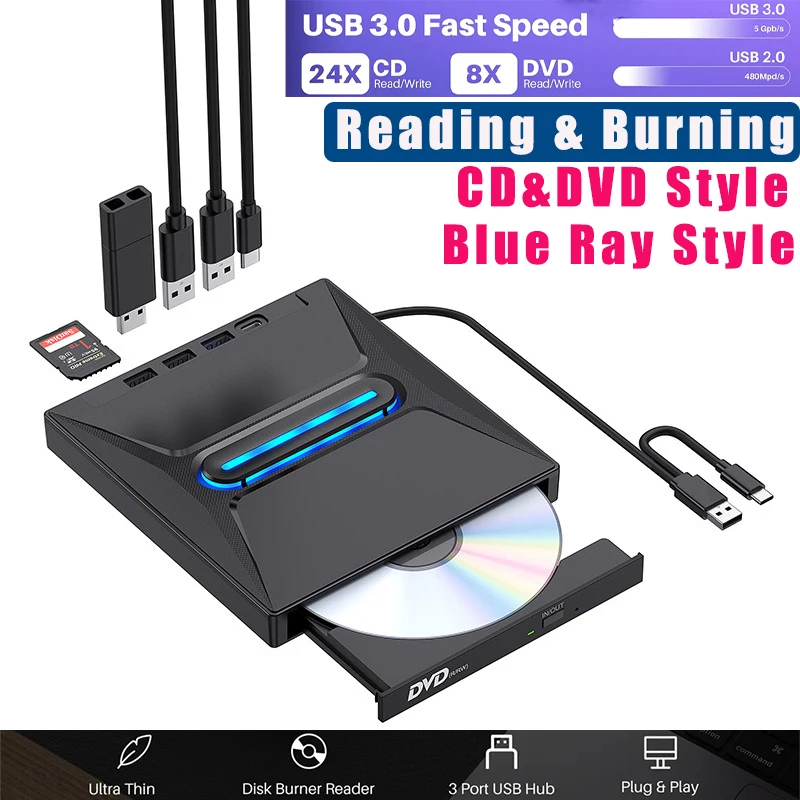 3 USB 3.0 External CD DVD Drive Plus High-Speed CD/DVD +/-RW Drive with SD Card Reader,CD ROM Burner,USB-C Conn,Blu Ray Burner