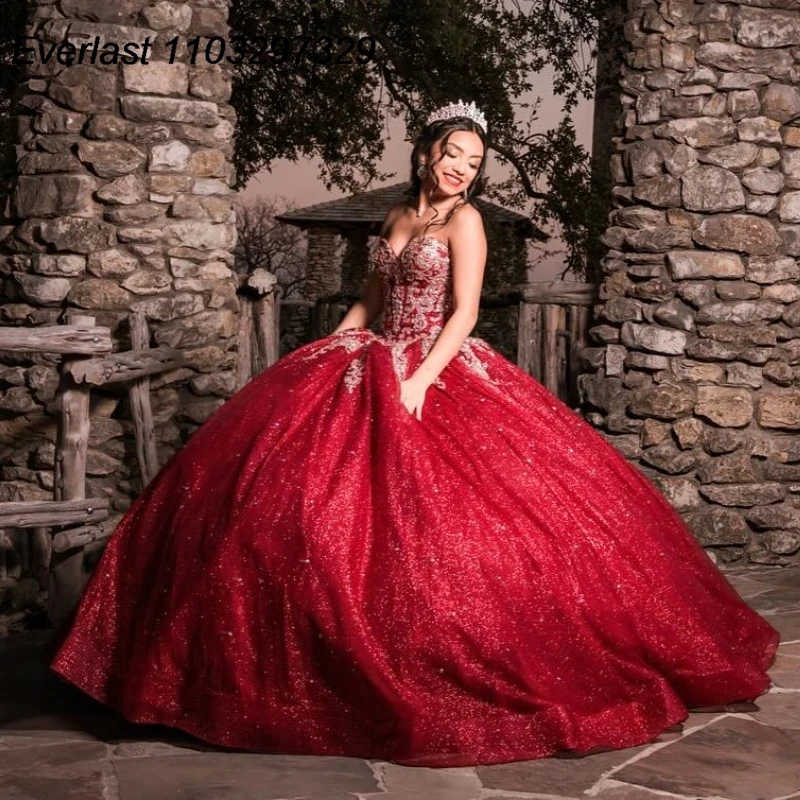 EVLAST Personalizzato Rosso Abito Quinceanera Abito di Sfera Argento Applique di Pizzo Perline Mantello Messico Dolce 16 Abiti Da 15 Años TQD876