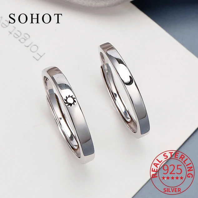 

Real 925 Sterling Silver Sun and Moon Round Rings for Women Trendy Adjustable Fine Jewelry Minimalist Accessories Gifts