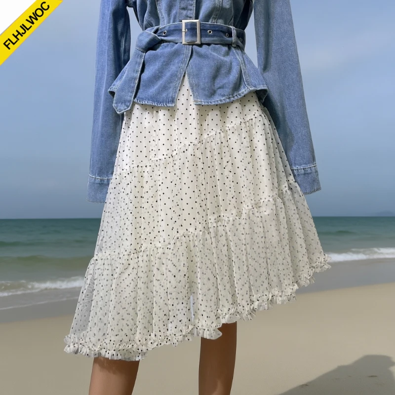 Dot Skirts Cute Girls Women Korean Fashion Polka Dot Mesh Layered Asymmetrical High-Waist A-Line Ruffles Cute Knee Length Skirt