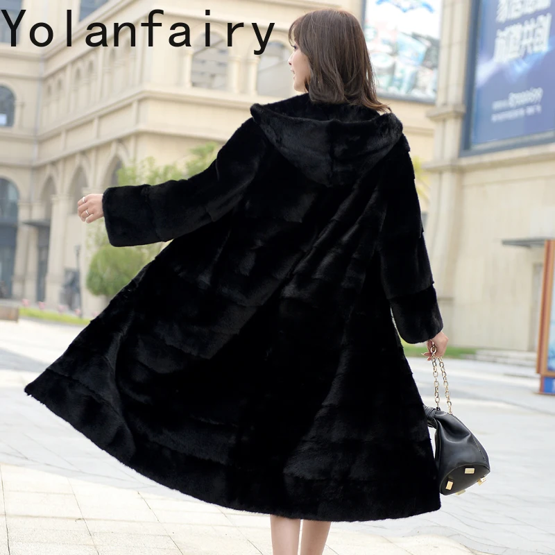 YOLANFAIRY Wysokiej Jakości Płaszcz z Futra Norki z Kapturem, Zimowy Płaszcz Średniej Długości z Prawdziwego Futra, Czarna Kurtka z Futra Norki, Casaco Feminino