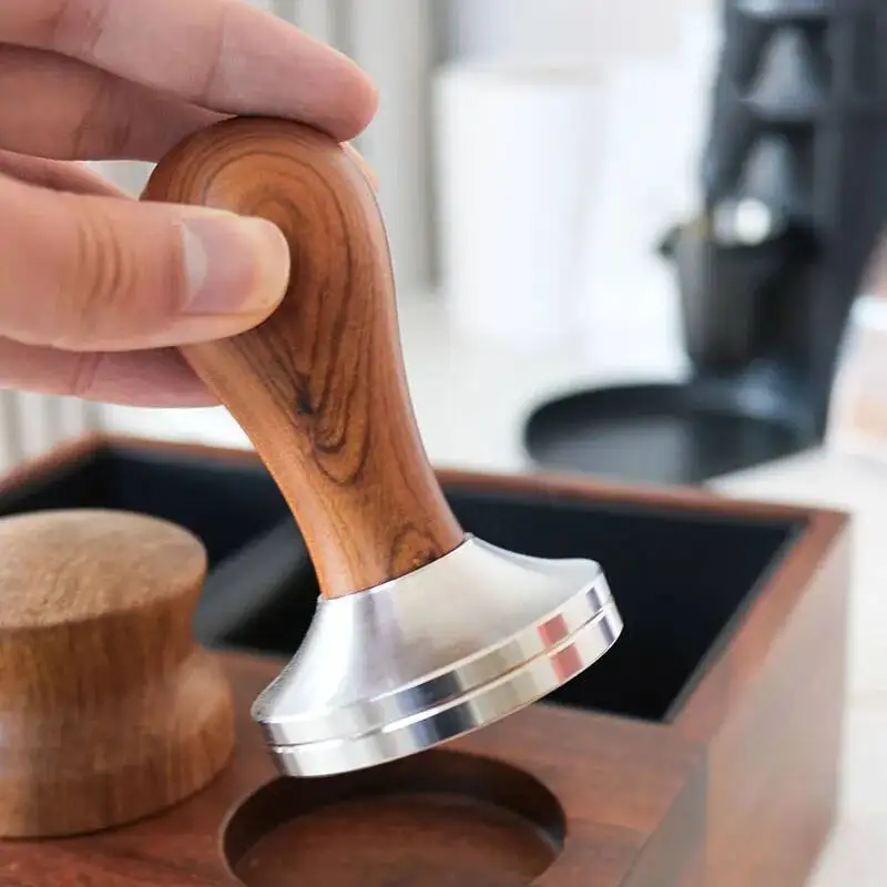 51/53/58mm Coffee Tamper Solid Wood Handle Stainless Steel Flat / Threaded Base Tamper For Espresso Accessories Coffee Tools