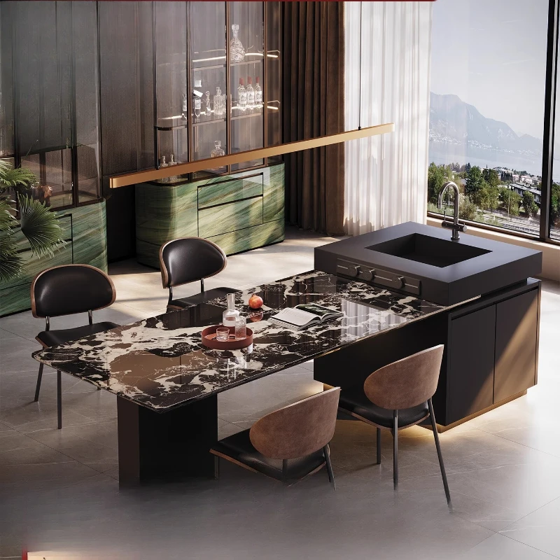 Natural luxury stone dining table, high-end sense, Bulgari black rectangular dining table, high-end villa home living room