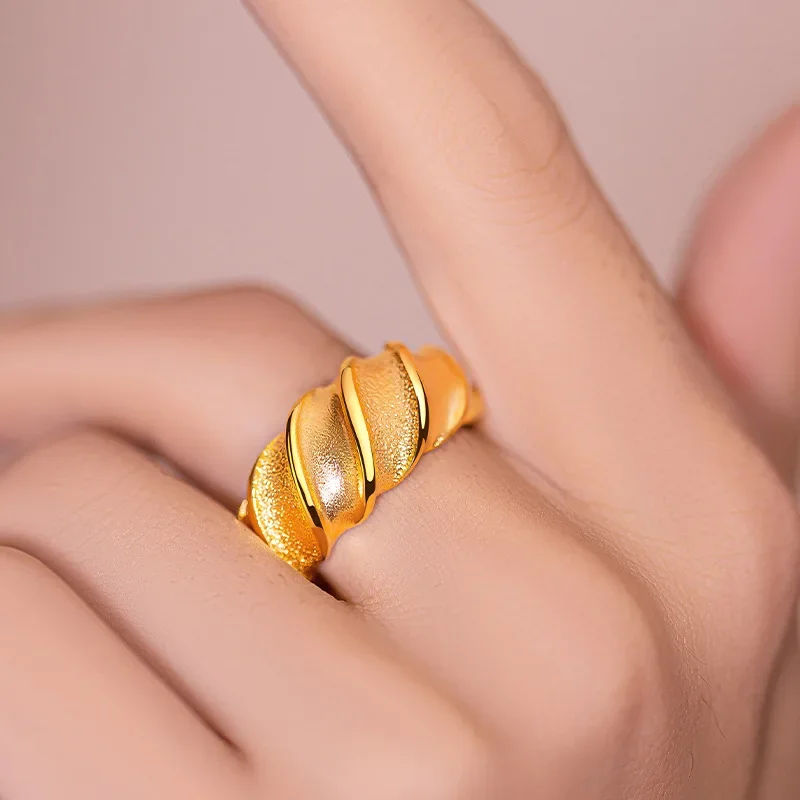 Ins Style Exaggerated Thread Fried Dough Twists Pure Gold Color Ring for Men Luxury Wedding Birthday Anniversary Rings Gifts