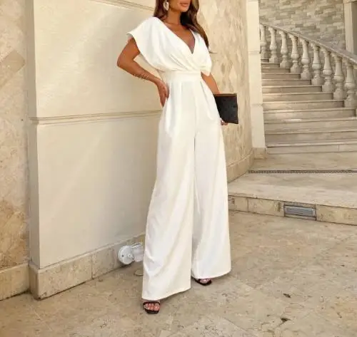 Jumpsuit Women 2025 Summer New Solid Color Short Sleeved V-Neck Waist Slimming Casual Pocket Design Wide Leg Jumpsuit