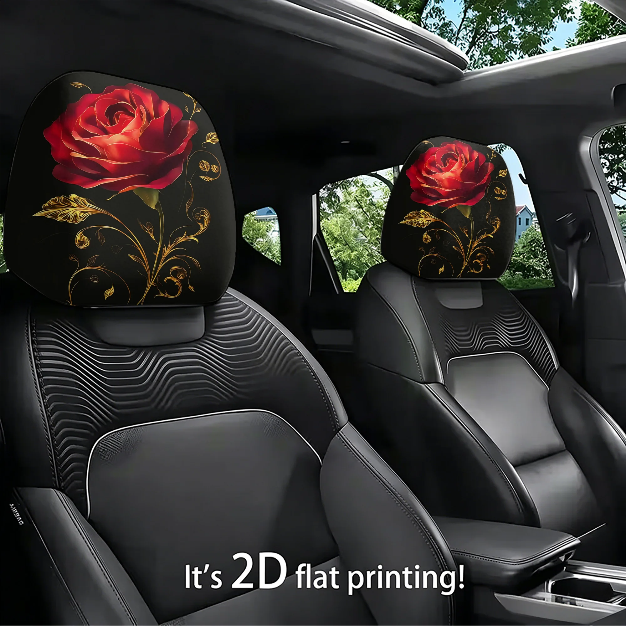 2pcs elegant rose-patterned car headrest covers, adding a touch of sophistication to your car’s interior. Filling not included.