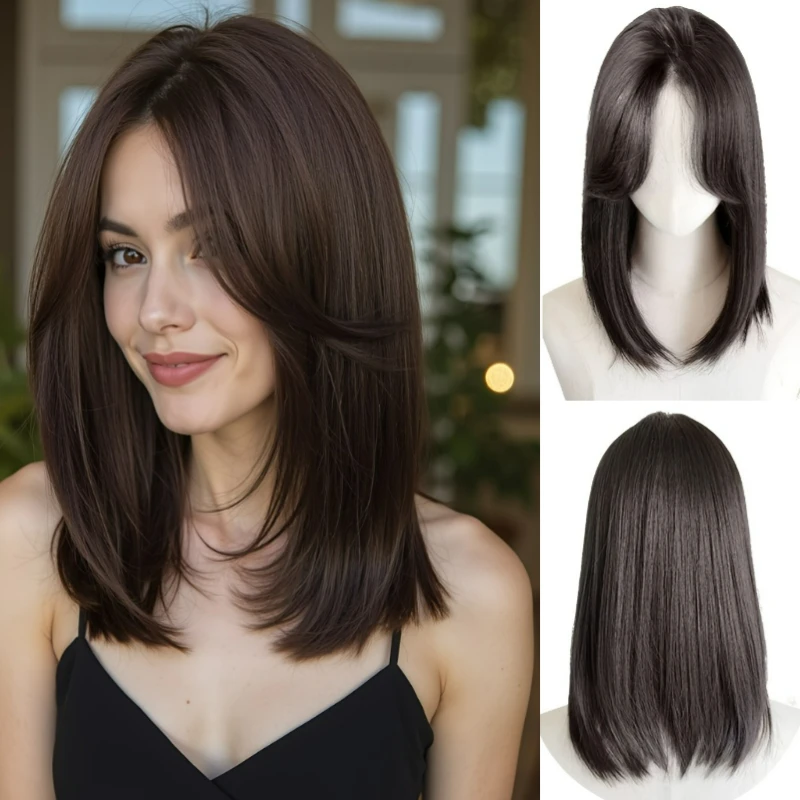 14 بوصة قصيرة بوب شعر مستعار اصطناعي مع الانفجارات الجزء الأوسط مستقيم كامل الرأس مقاومة للحرارة الباروكات مع مظهر طبيعي محاكاة فروة الرأس