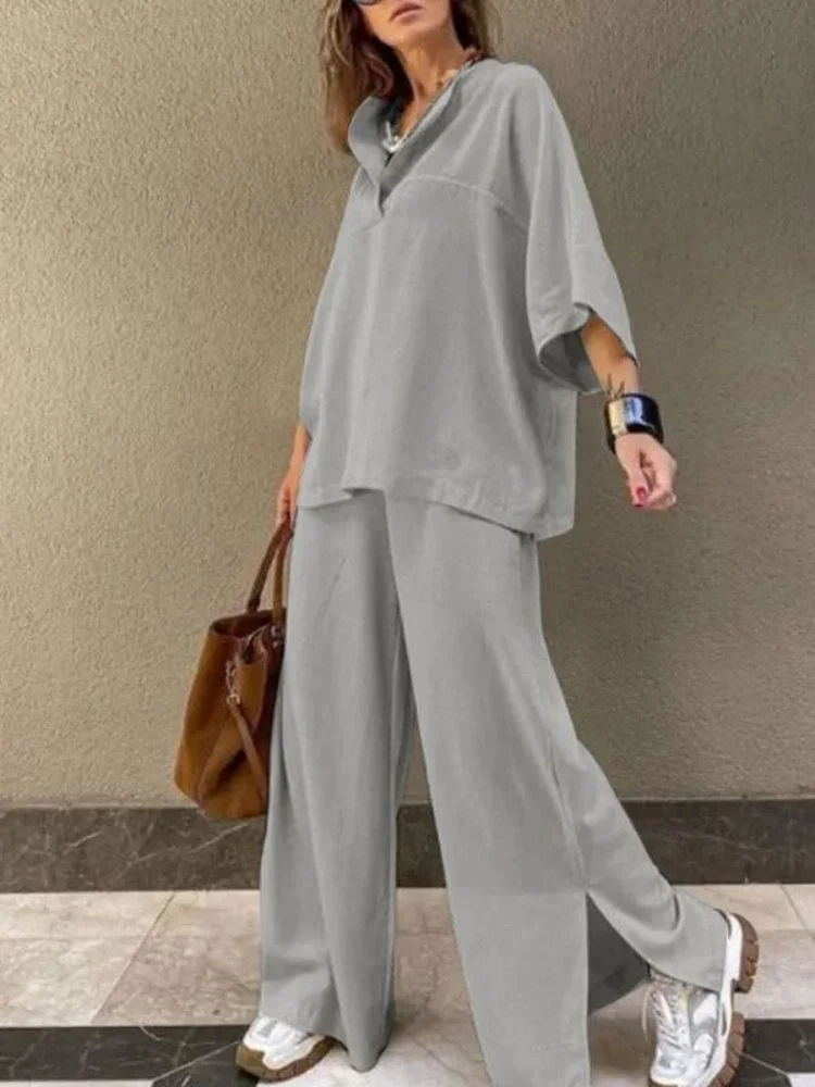 

Elegant Khaki Two Piece Pant Set Women Casual Vintage Basic Outifits Asymmetrical Collar Batwing Long Sleeve Plus Size 3XL Pants