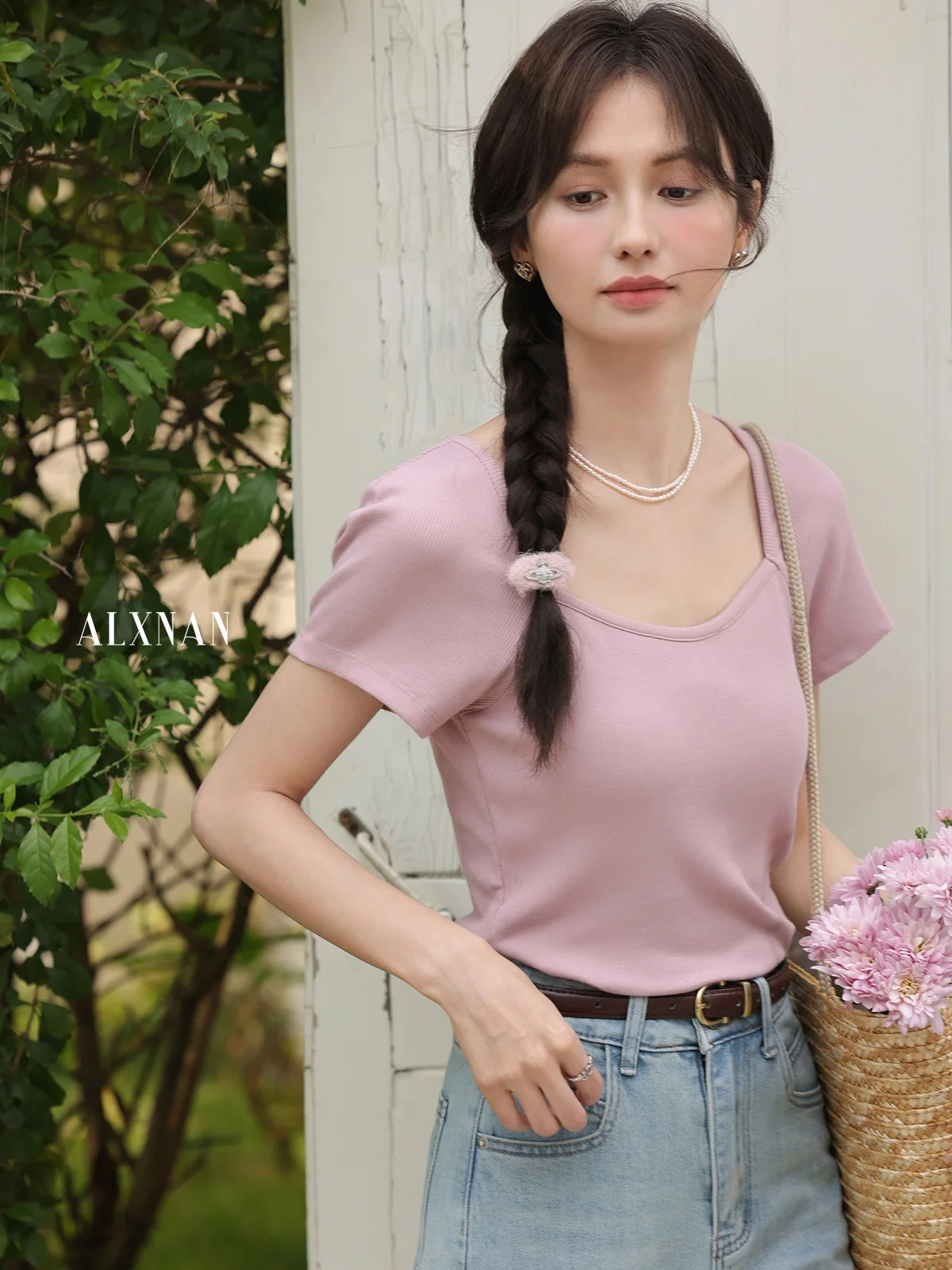 Ele Pink ort Sve T-irt レディース 夏 Faion 韓国 Sle 通勤 ピュアカラー スクエアカラー スリムフィット トップ