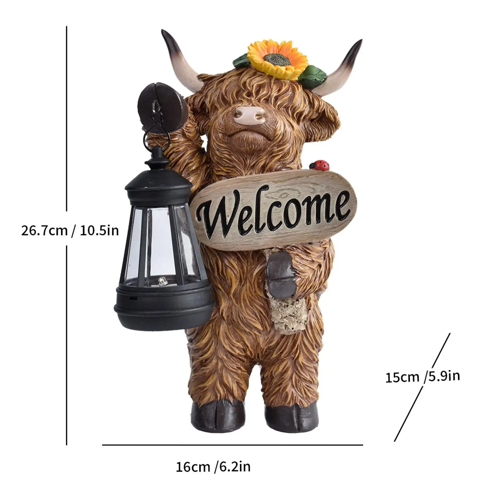 Highland Cow Statue with Solar Lantern Modern Ornament Gifts Crafts Landscape Lamp Animal Sculpture for Lawn Outside Yard Garden