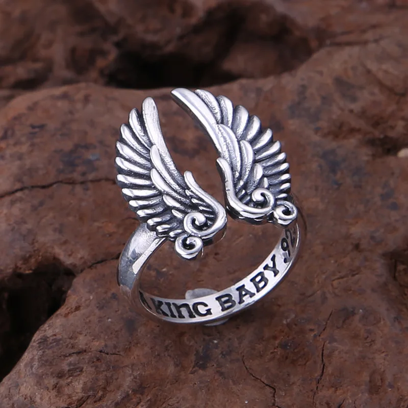 Wholesale s925 sterling silver retro thai silver angel wings ring fashionable simple trendyy stylish men's and women's ring view 2