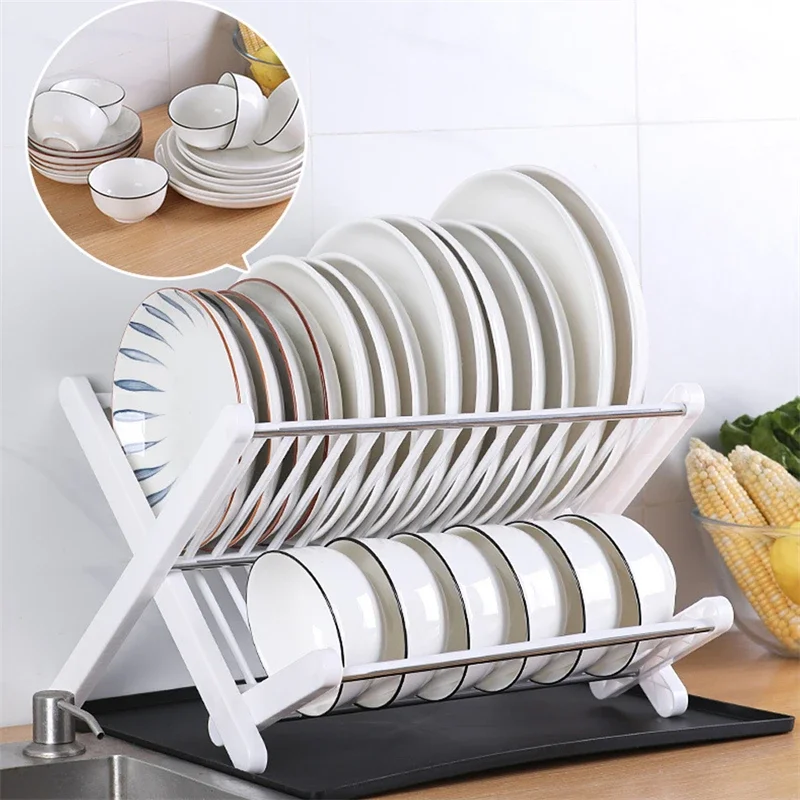 Dish Drying Rack Plates Pan Fold Shelf Double-Layer Plastic Kitchen Organizer Holder Dish Rack Sink Draining Bowl Storage Stand view 3