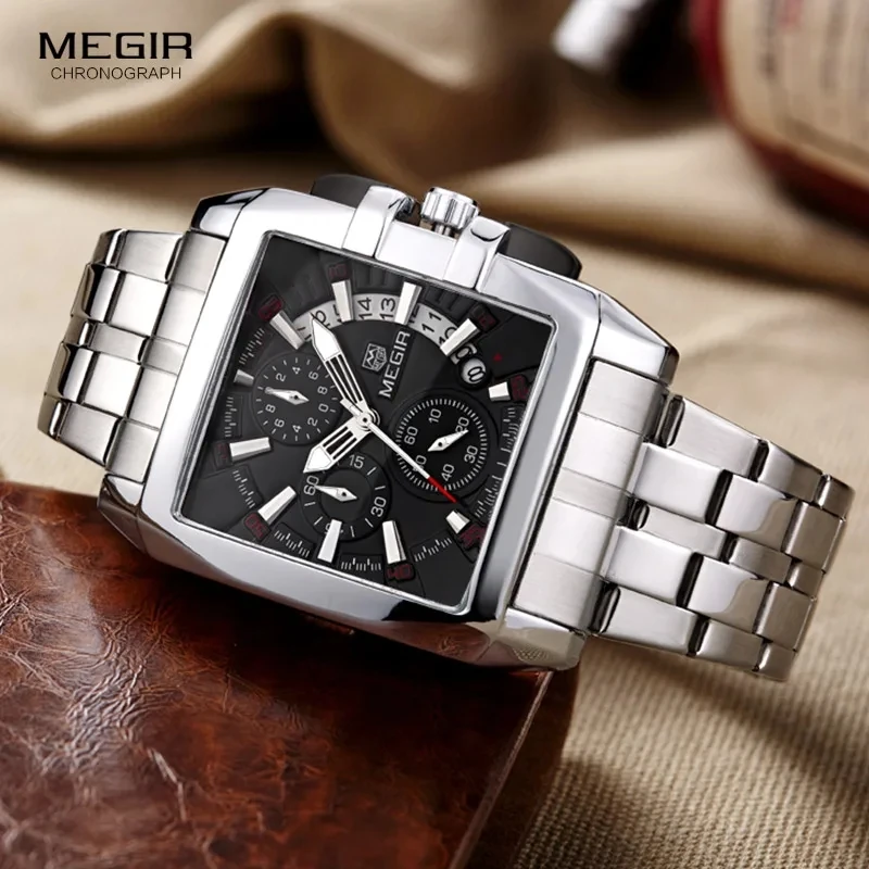 MEGIR 2018 Men Quartz Watch Fashion Leisure Business Date Display Silvery Stainless Steel Strap Wrist Watches for Male Gift