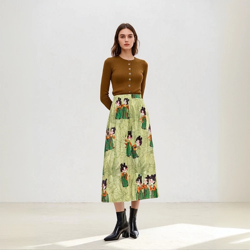 

Miyake Style Pleated 2025 Half Skirt, New Chinese Green Pleated Women's Summer One-piece Beach Pleated Skirt, Floral Mid Skirt