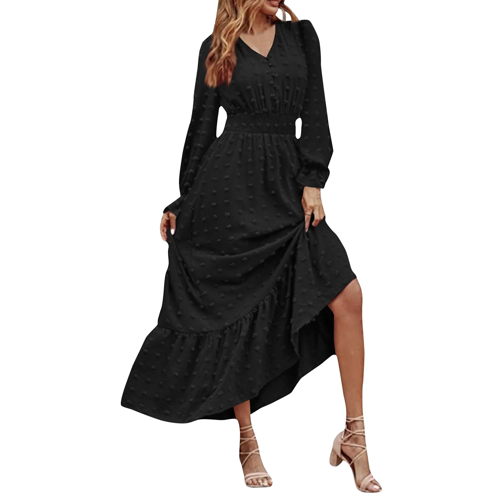 فستان نسائي طويل الأكمام بوهو طويل ، مرن ، خصر ضيق ، خليط ، حرف A-line ، نقطة ، تنحنح فضفاض ، طول الكاحل ، الربيع ، الخريف