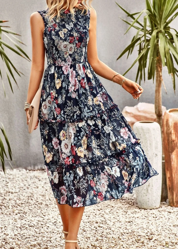 

Women's Dress Casual Temperament Basic Floral Print Lace Trim Shirring Round Neck Sleeveless High Waist A-line Midi Dress