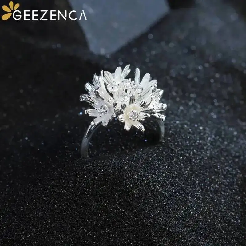 GEEZENCA 925 Sterling Silver 5A Zircon Flower Resizable Ring For Women Cornflower Romantic Designer Chic Rings Luxury Jewelry