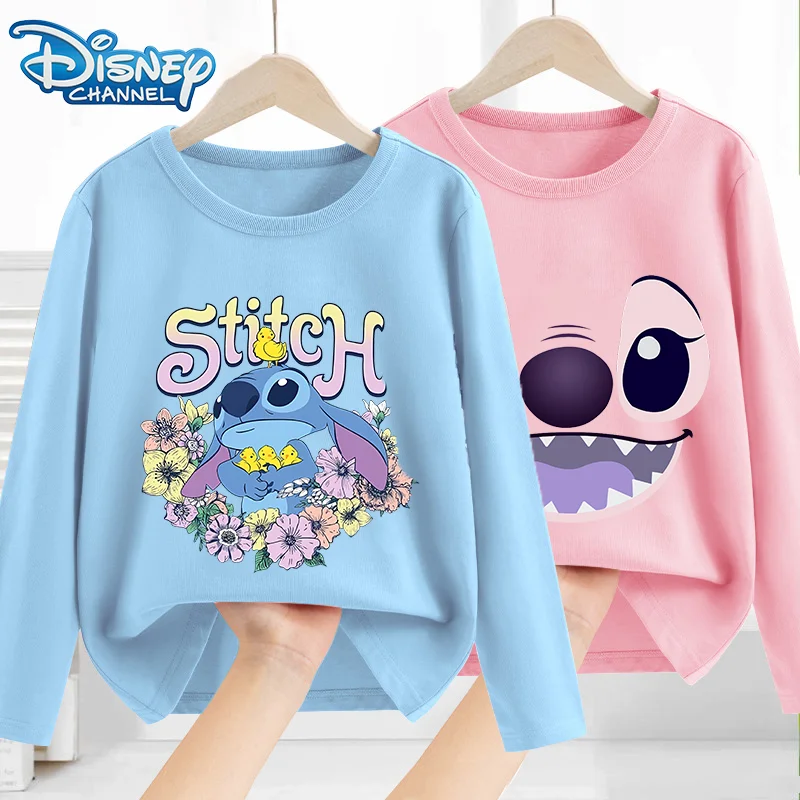 Stitch Disney Round Neck Long Sleeves T-shirts Cartoon Anime Children Shirts Kids Print Boys Girls Spring Thin Clothes Gift