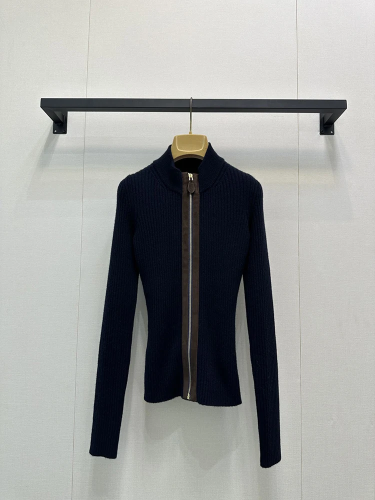 

SVORYXIU 2025 New Style Autumn Cashmere Fashion Dark Blue Cardigan Women's Self-cultivation Vintage Cardigan