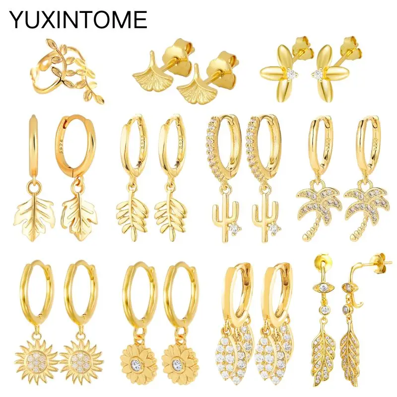 

925 Sterling Silver Needle Ginkgo Leaf Stud Earrings for Women Exquisite Sun Flower/Leaves Pendant Earrings Fashion Jewelry