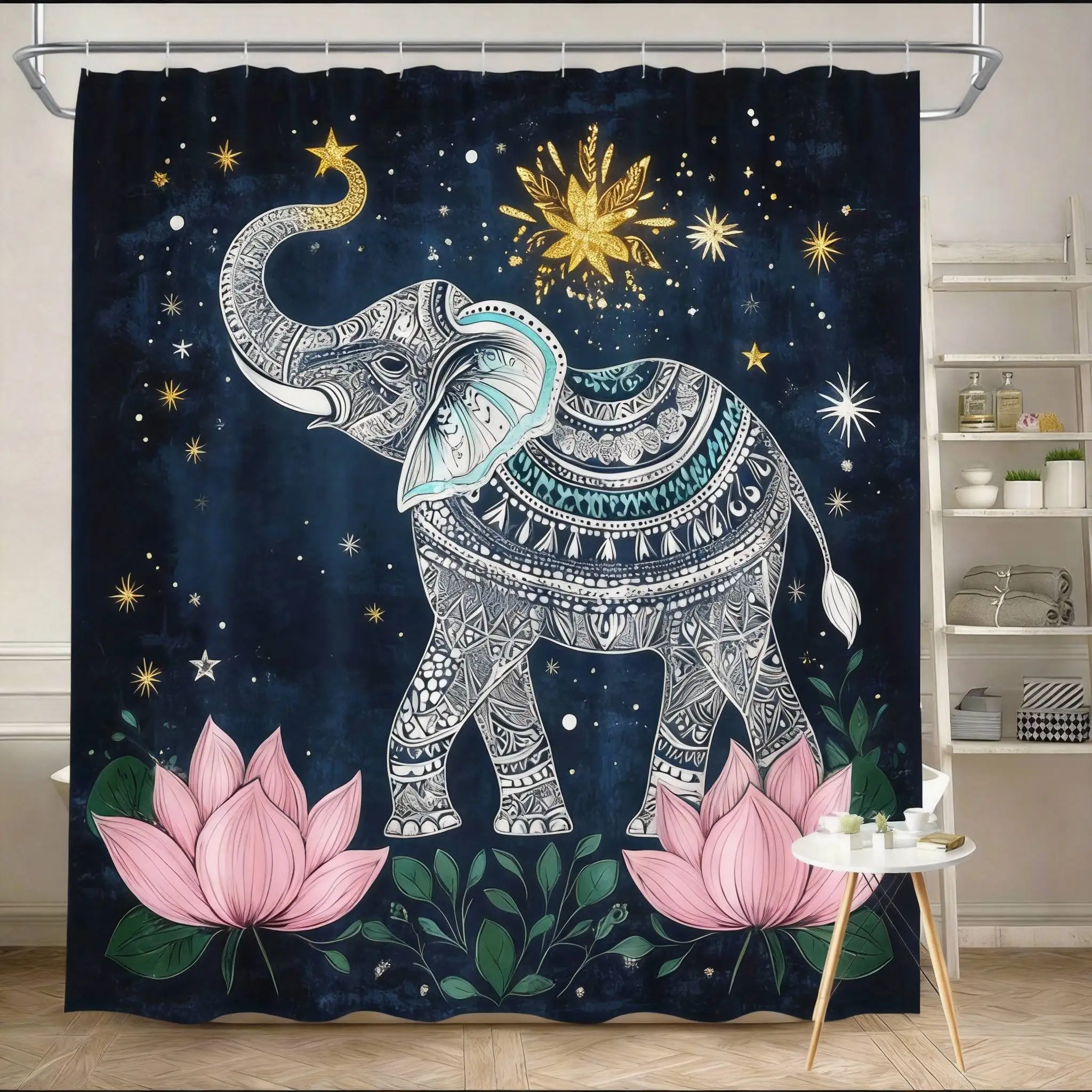 Mandala Shower Curtain 180x180cm – Elephant & Lotus in Turquoise, Boho Spiritual Bathroom Decor, 12 Hooks