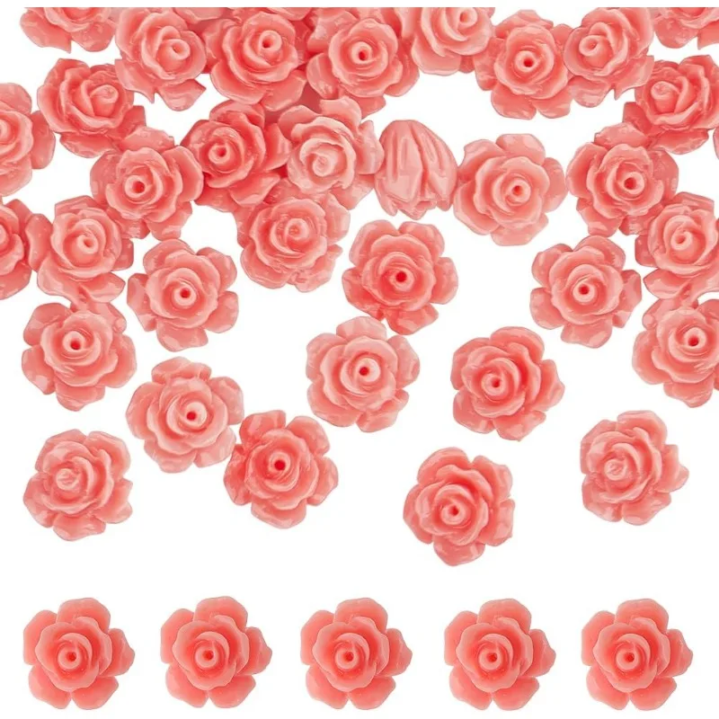 1 Box 50PCS 10mm Pink Rose Flower Beads Carved Rose Beads Synthetic Coral Shell Cinnabar Floral Loose Prayer Spacer Beads