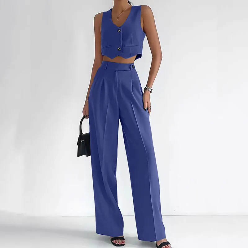 

Casual Pocket Straight Long Pants Outfit Fashion Commuting Solid Two Piece Sets New Summer Women's V-neck Sleeveless Vest Suit