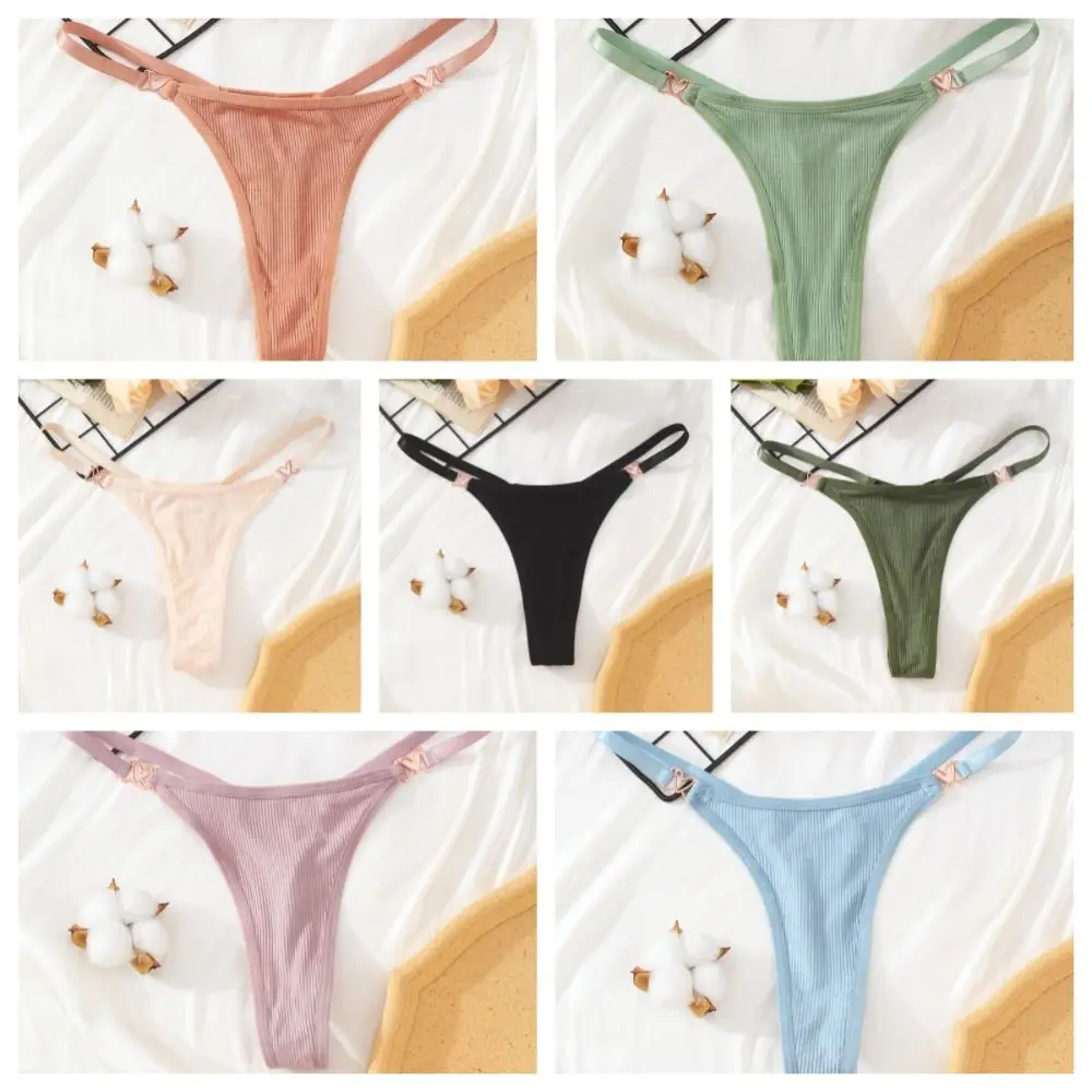 Solid Color Sexy Cotton Thong Comfortable Low Waist Heart Buckle Thread Panties Underwear G-String Traceless Briefs Women