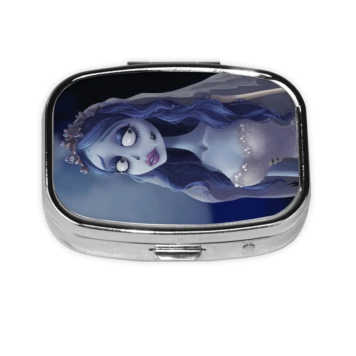 

Corpses Brides Metal Pill Box Mini Skeleton Emily Girl Tim Burton 2-Compartment Square Pill Case Container for Purse
