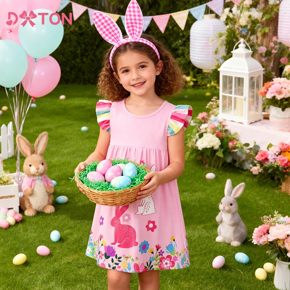 

DXTON Children's Cotton Dresses Ruffle Sleeveless Summer Girls Daily Dress Rabbit Floral Pink Toddler Holiday Sundress Clothing