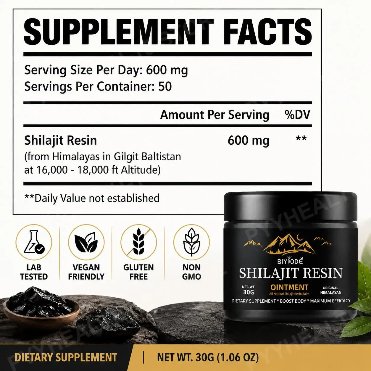 Biyode Pure Himalayan Shilajit Resin Immune Support and All Day Energy with Ayurvedic Herb Blend Gluten Free 50 Servings
