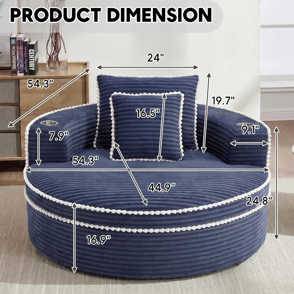 Oversized Round Corduroy Lounge Chair with Cup Holder, 54.3