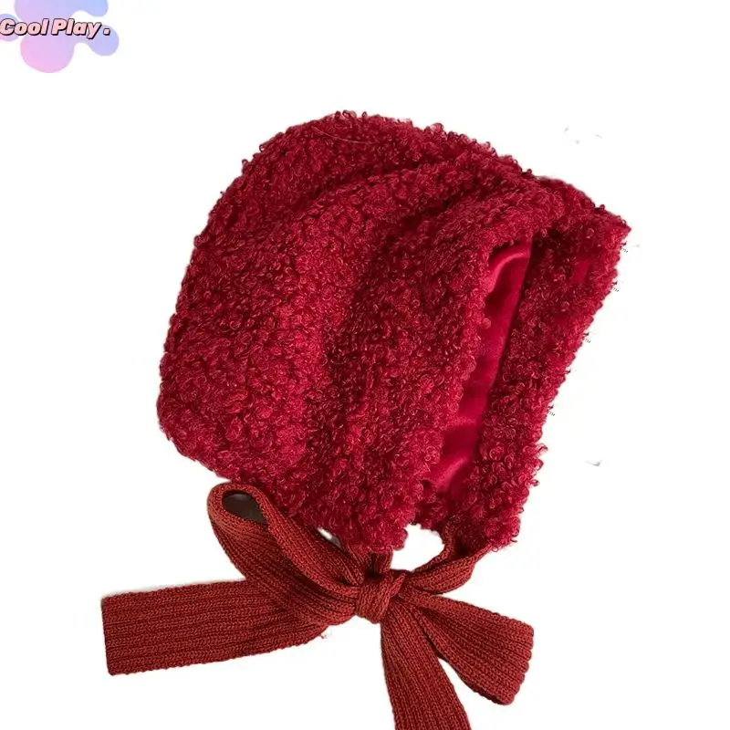 

Sweet Thickened Ear Protective Hat Balaclava Windproof Lamb Wool Cap Solid Color Keep Warm Winter Plush Beanies Autumn