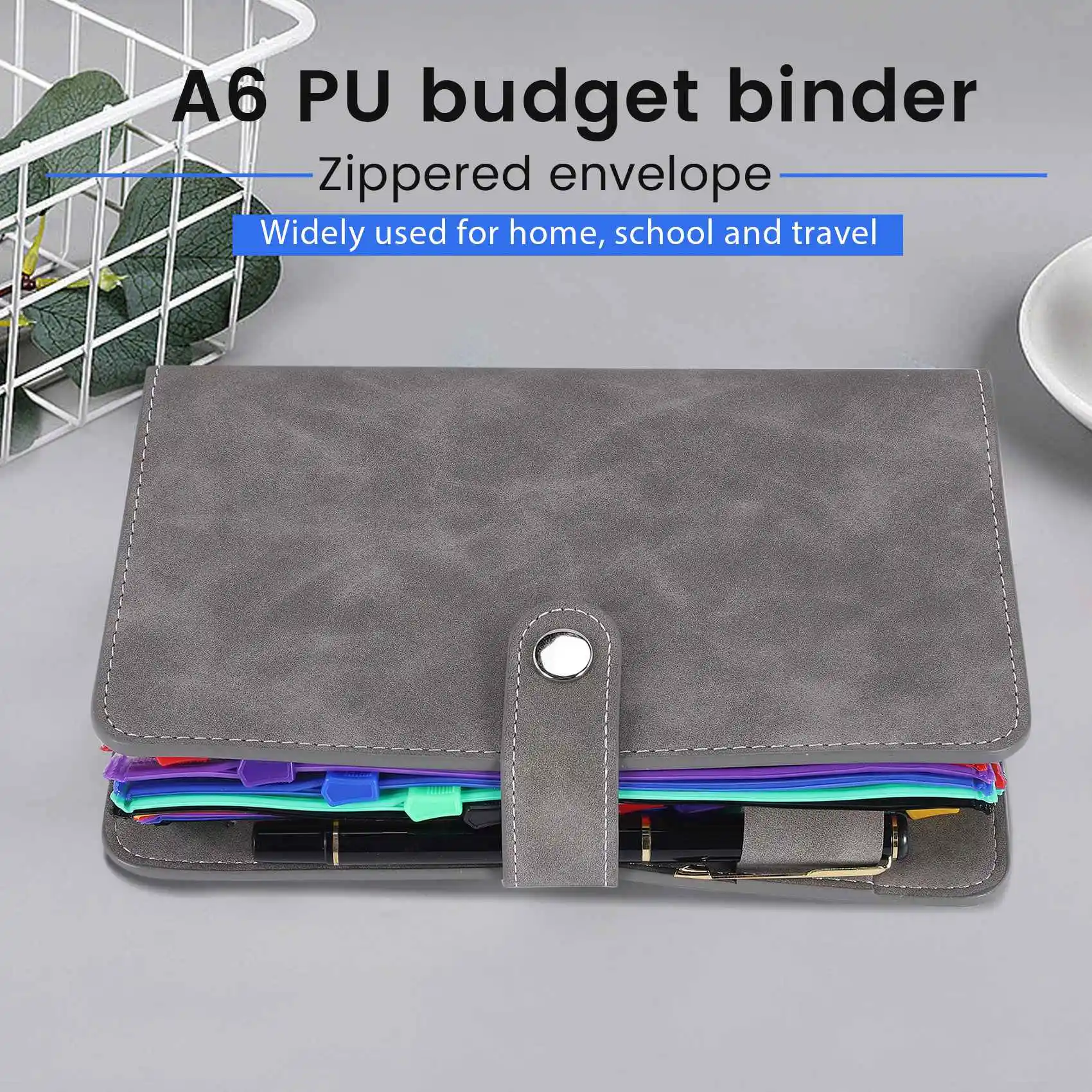A6 PU Budget Binder with Zipper Envelopes, Widely Used in Home, School and Travel Grey